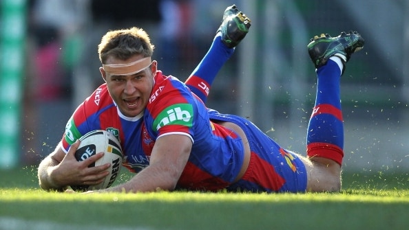 Newcastle's Robbie Rochow scores a try during the round 10 win over the Canterbury Bulldogs.