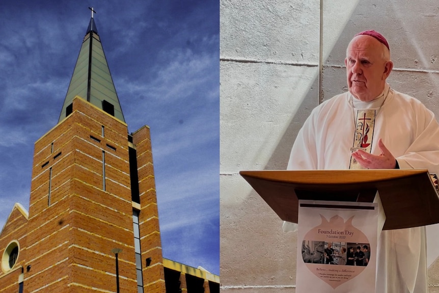 Composite image of a Cathedral on the left with blue sky in the background and a man in bishop's vestments