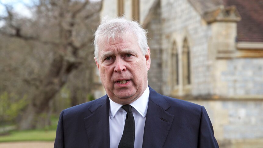 Prince Andrew speaks to press during an interview in Windsor, England, in April 2021.