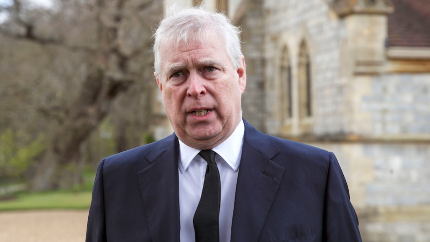 Prince Andrew speaks to press during an interview in Windsor, England, in April 2021.