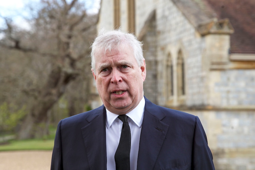 Prince Andrew speaks to press during an interview in Windsor, England, in April 2021.