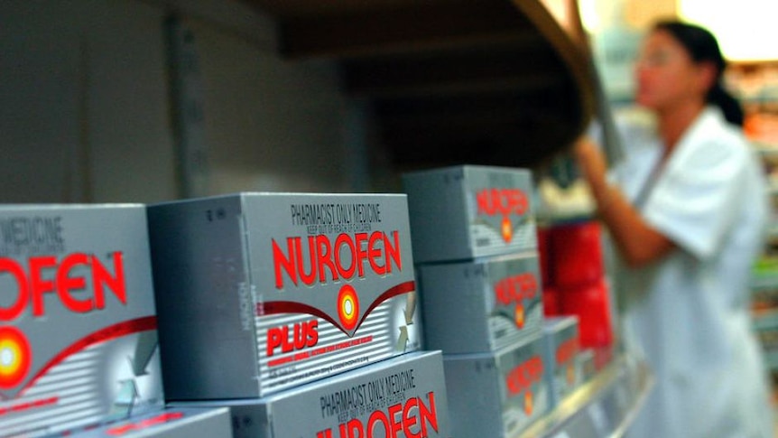 Nurofen packets on a pharmacy shelf