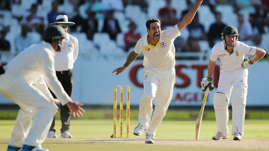 Australia's Mitchell Johnson appeals but fails to get the wicket of South Africa's Hashim Amla on day five.