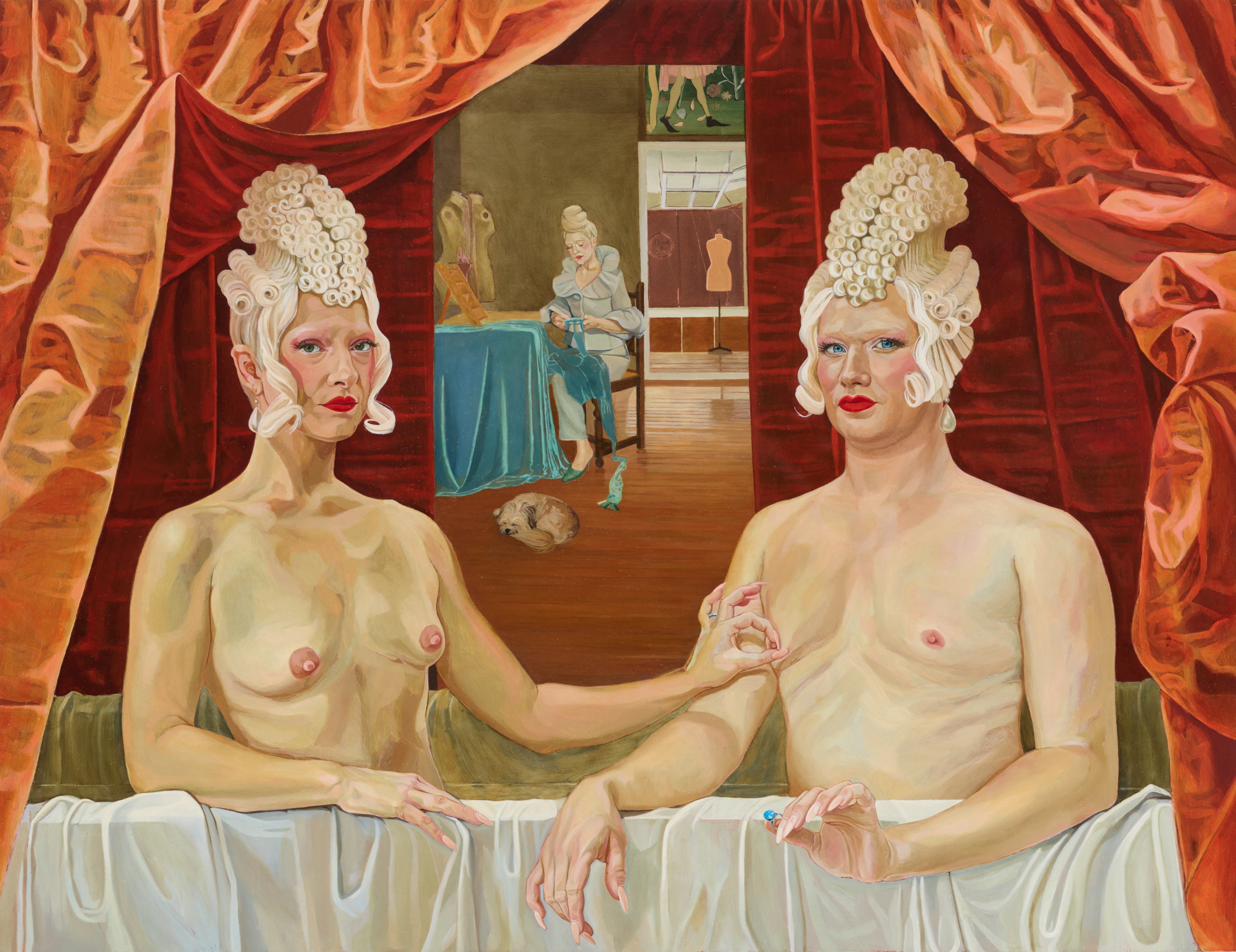 A portrait of Katie-Louise and Lilian Nicol-Ford, a cis white woman and a trans white woman, topless and wearing white wigs.