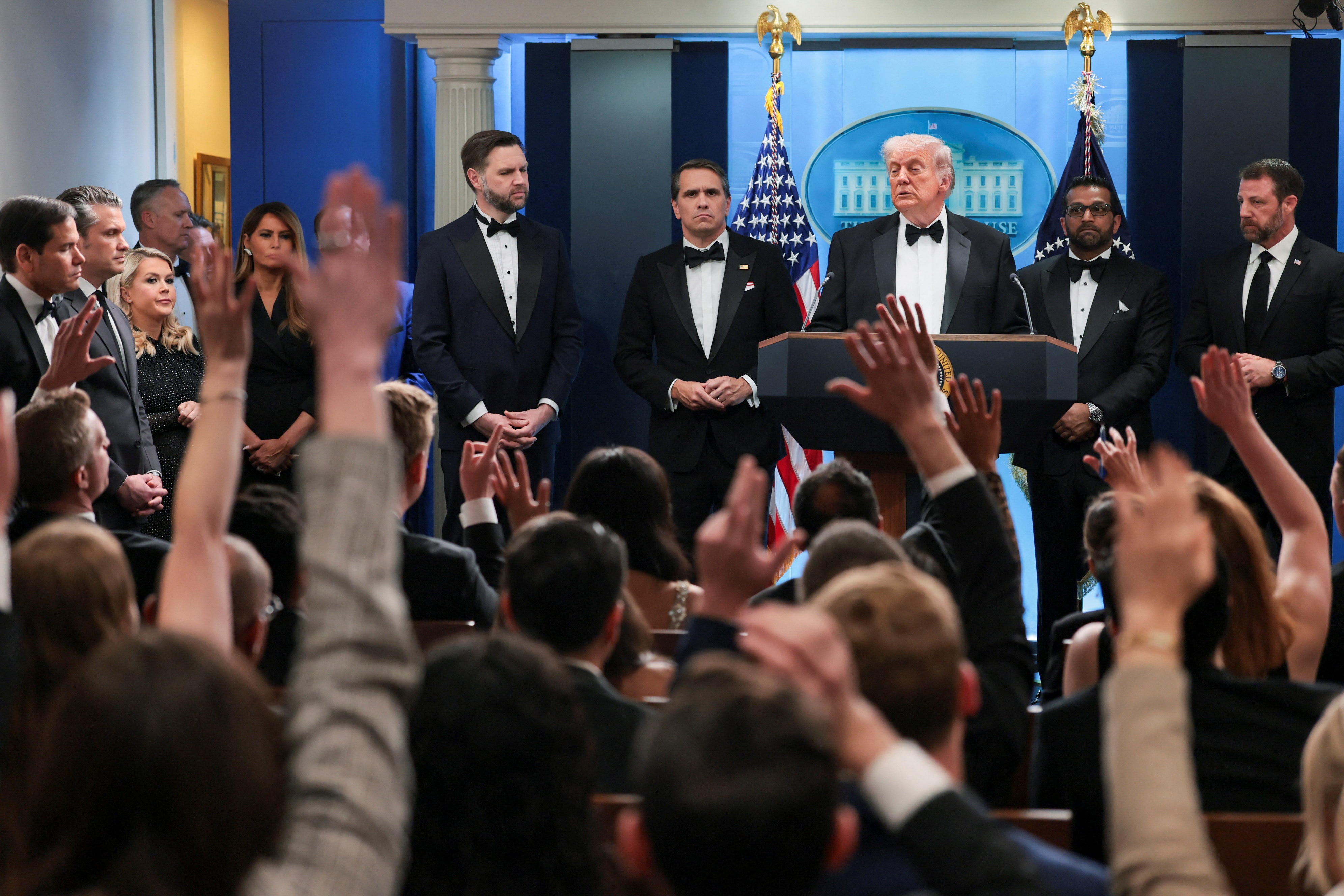 US President Donald Trump takes questions a press conference shortly after the incident.