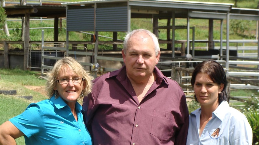 Past stud manager Deb Brown with owner John Brady and assistant Ang Webber on the Cawarral property.