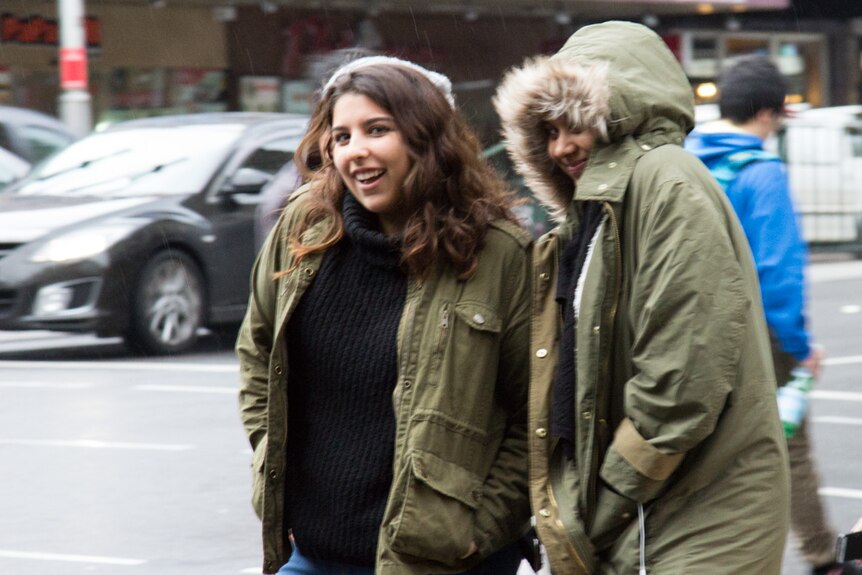 Two women rugged up for cold weather