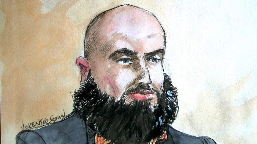A court sketch of a man with a beard