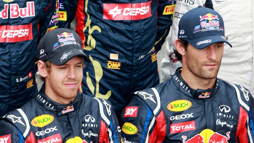 Red Bull team drivers Sebastian Vettel and Mark Webber