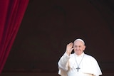Pope Francis is pictured in white robes and waves in front of billowing red velvet curtains.