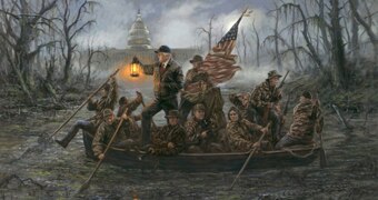 Donald Trump and members of his administration row a boat across a swamp in front of the White House.