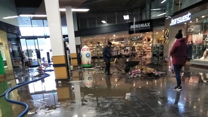 Flood clean-up inside Channel Court, Kingston, May 2018.