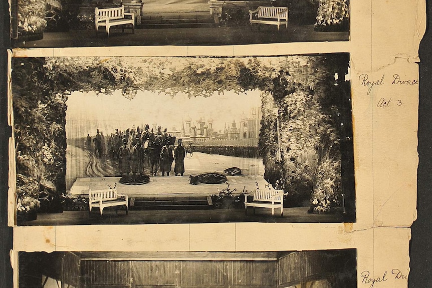Bblack and white images of the backdrop of a theatre production, a garden with two benches and an army in the background