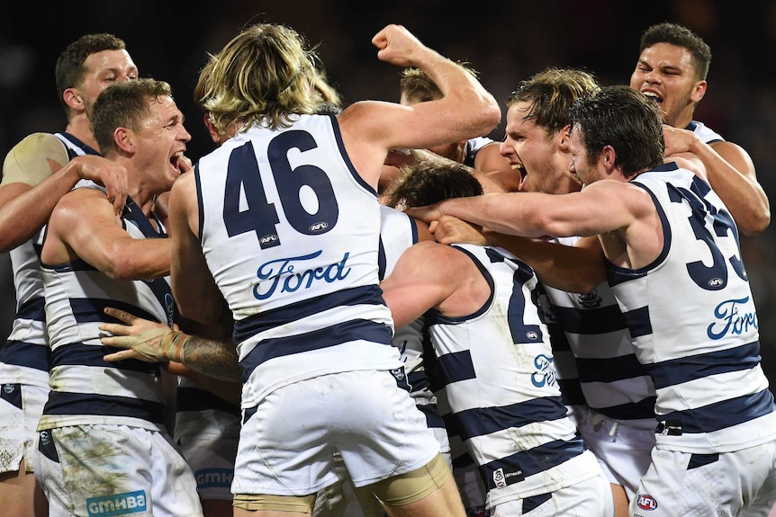 Geelong players celebrate scoring winning goal