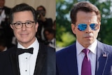 Stephen Colbert smiles into the camera, while Anthony Scaramucci glares behind sunglasses