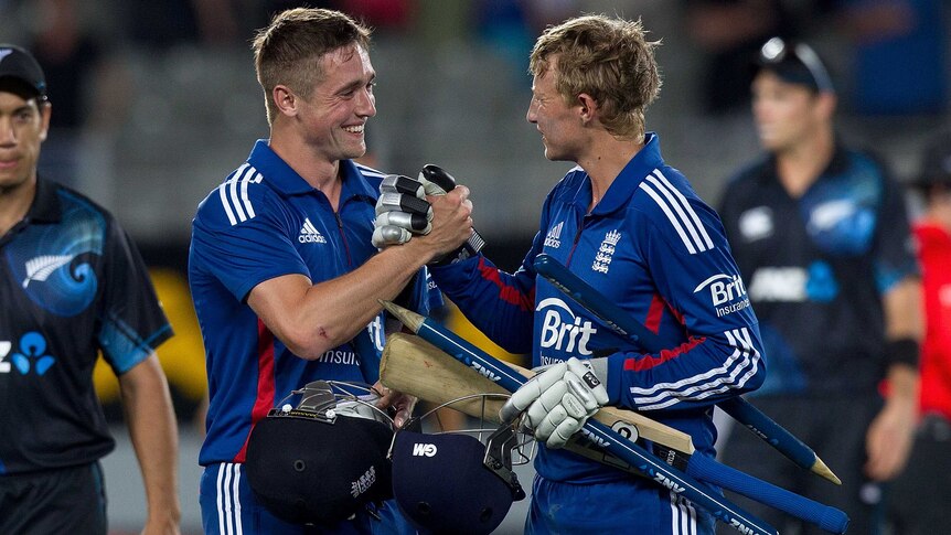 Visitors victorious ... England's Joe Root (R) and Chris Woakes celebrate their series win.