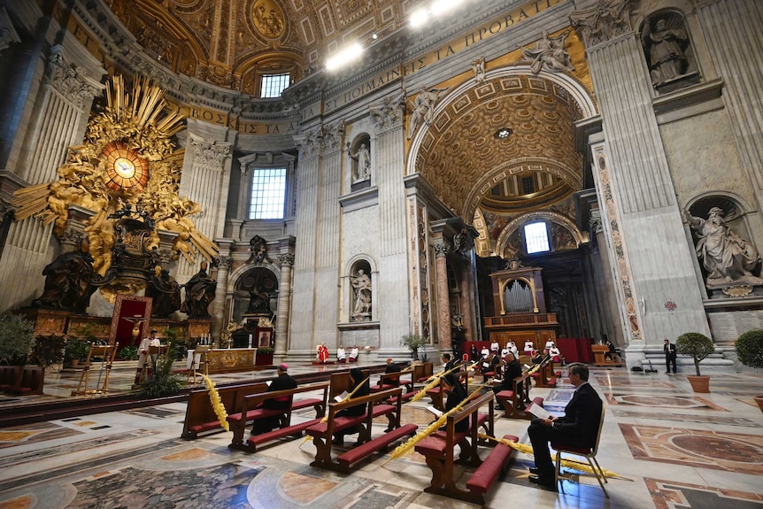 Pope Francis celebrates Palm Sunday Mass behind closed doors in a mostly empty St. Peter's Basilica.