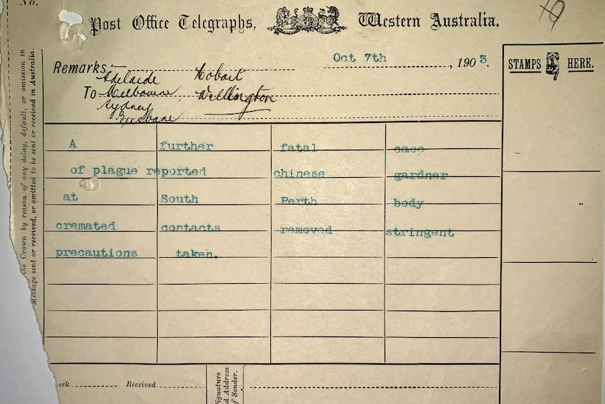 A telegram sent to other states and New Zealand advising of a plague case in 1903
