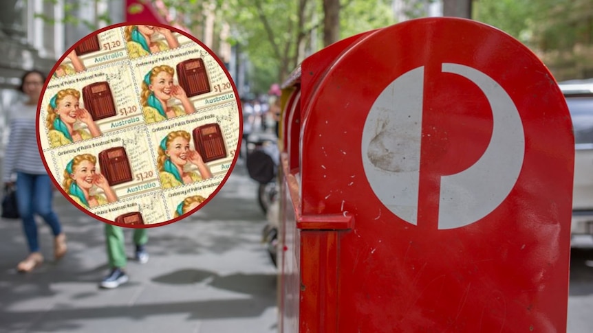 Photo of an Australia Post letter box in a sunny street. Featuring a composite image of the new stamps. 