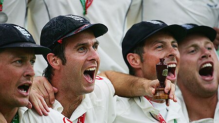 England skipper Michael Vaughan, with a replica of the urn in hand, celebrates with his team-mates