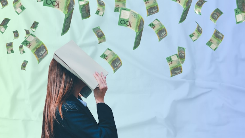 A generic graphic image of a woman covering her face as money rains down. 