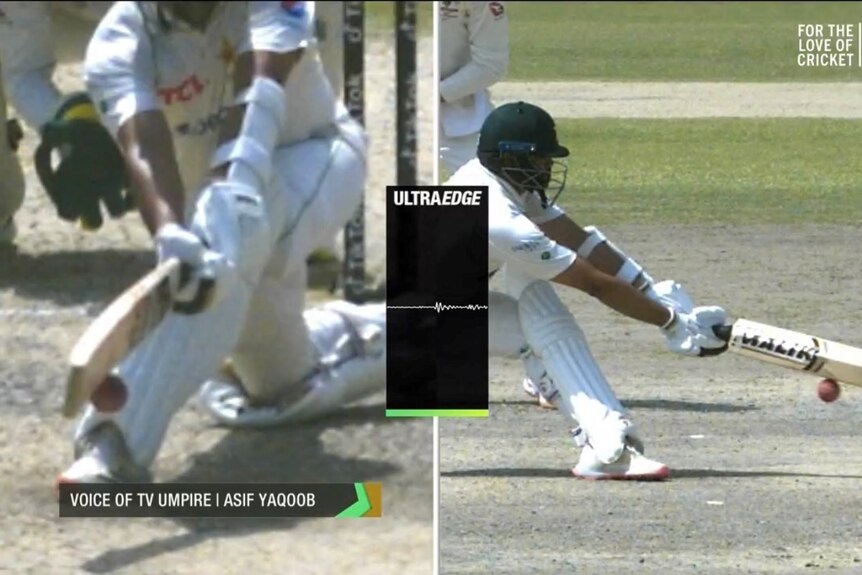 A screen shot showing a split screen of Azhar Ali playing a shot, with a snico bar in the middle