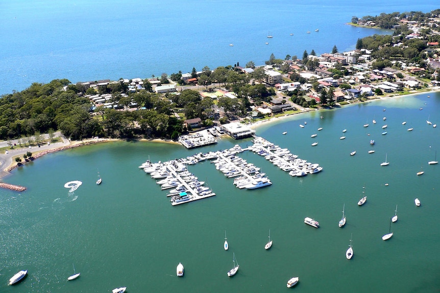 The view of Soldiers Point Marina from the air
