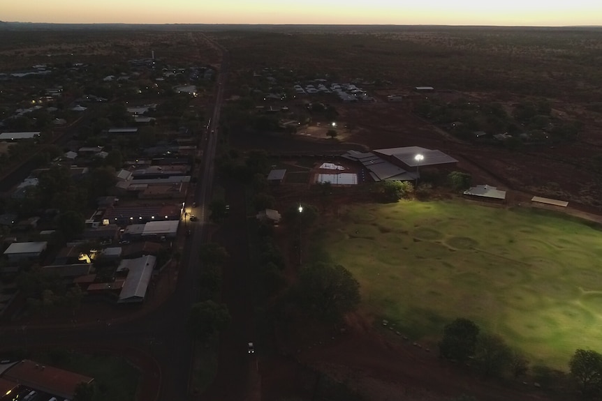 drone image of country town at night