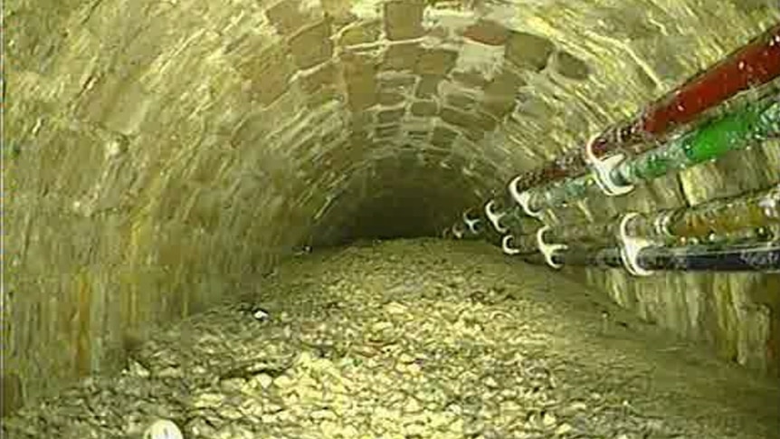 A brick sewer tunnel is almost filled with a long, lumpy mass of concrete