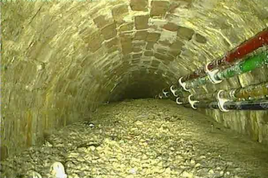 A brick sewer tunnel is almost filled with a long, lumpy mass of concrete