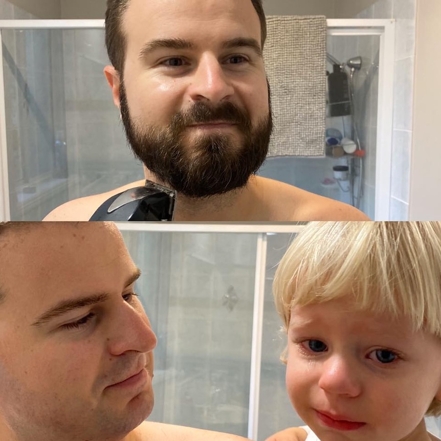 A before and after image of a Queensland police officer with and without a beard.