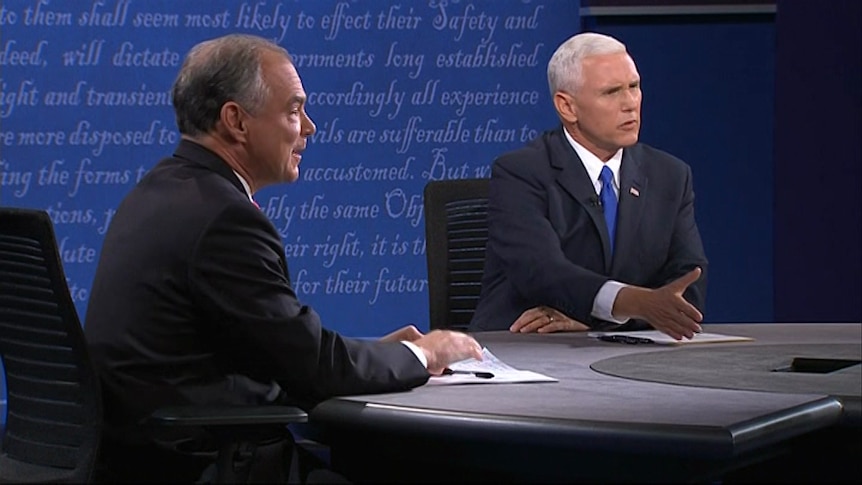 Tim Kaine (left) and Mike Pence (right) at the VP debate in Virginia