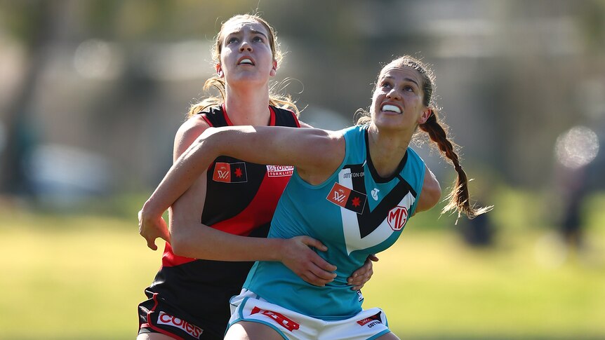 Olivia Levicki competes for the ball with an Essendon player.