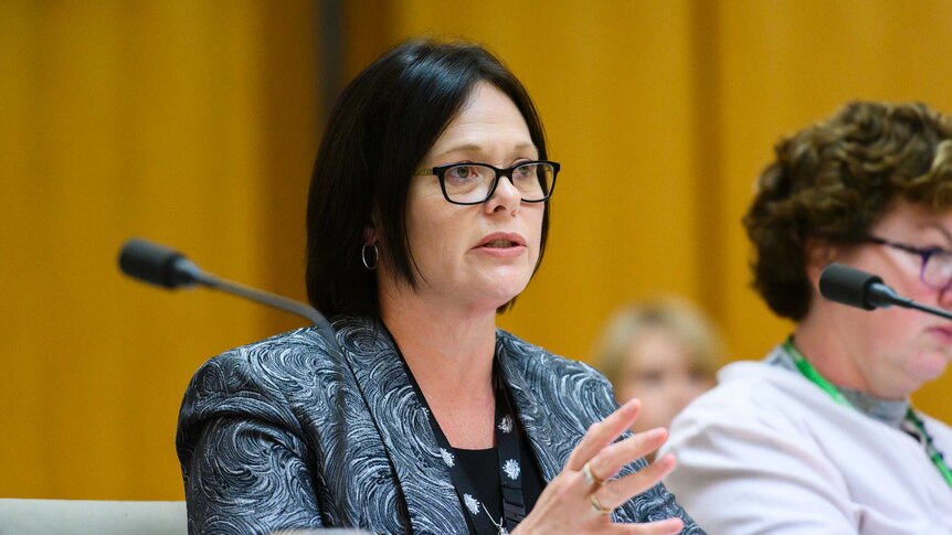 Linda Geddes, wearing glasses and a blazer with a swirly pattern, speaks while sitting at a table at an official hearing.