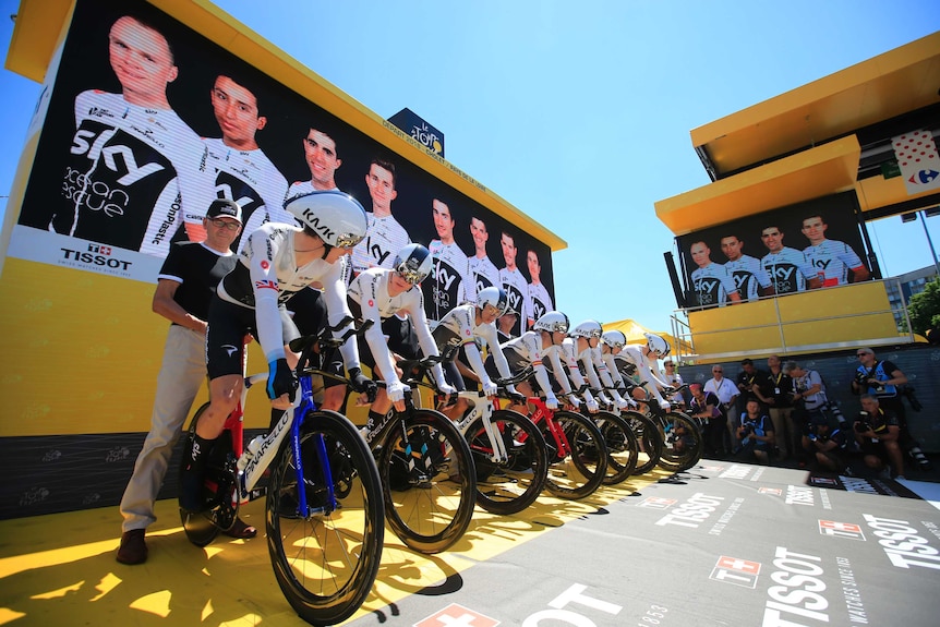 Team Sky with Britain's Chris Froome, (2ndL), before stage four of the 2018 Tour de France.