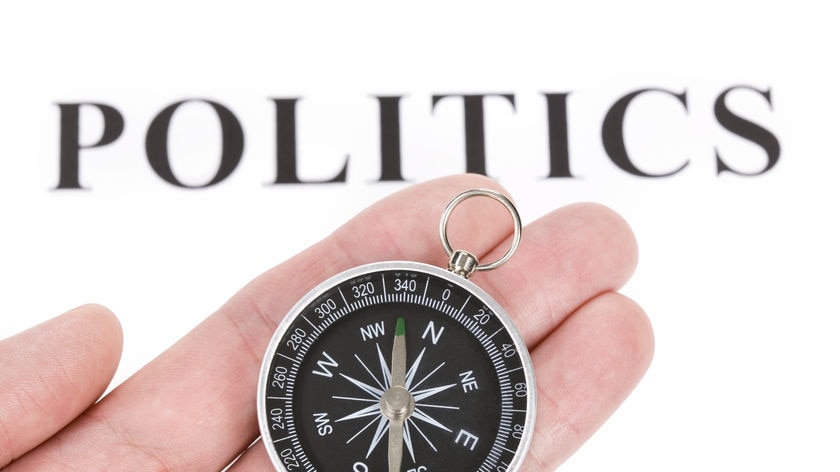 Hand holds compass infront of word politics