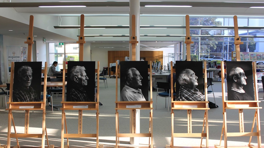 Black and white portraits on display in the Port Macquarie Library.