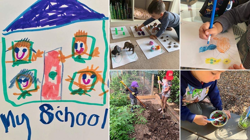 A child's drawing of a school along with photos of children playing