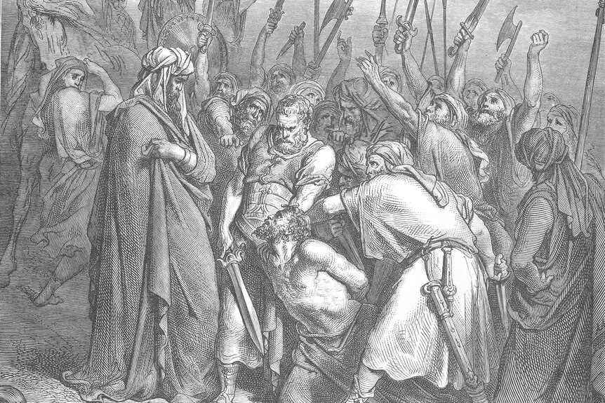 Illustration depicting King Saul presenting the Agag, King of Amalekites, to Samuel. 