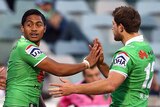 Raiders congratulate Anthony Milford after Bill Tupou try