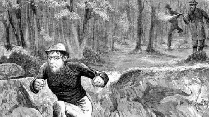A black and white illustration that shows a man running away from police.