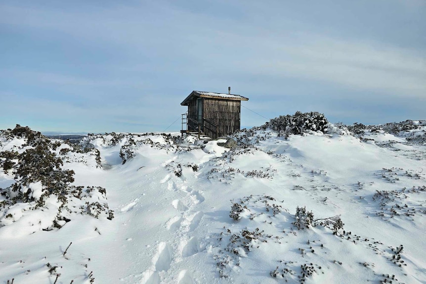 A hut on top of Cradle Mountain, which is covered in snow