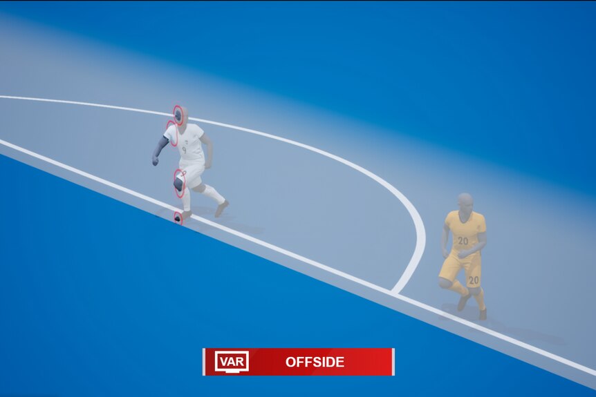 A computer graphic with two players and an off-side line