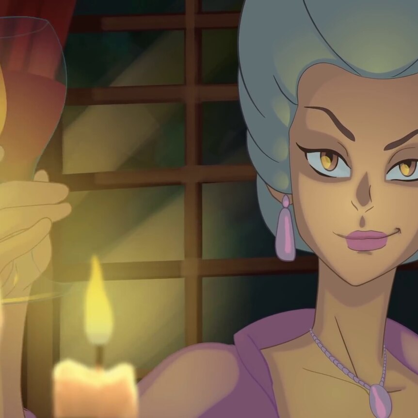 A cartoon image of a woman in an old-fashioned white wig, drinking a glass of red wine in candlelight.