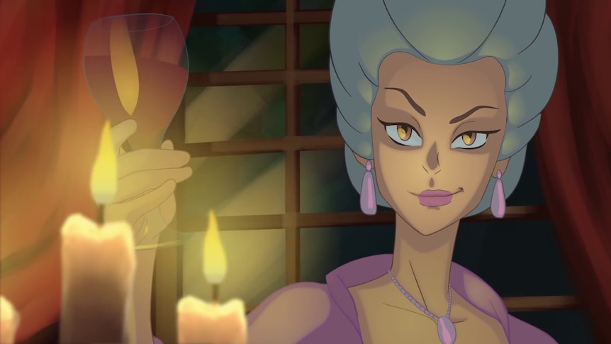 A cartoon image of a woman in an old-fashioned white wig, drinking a glass of red wine in candlelight.