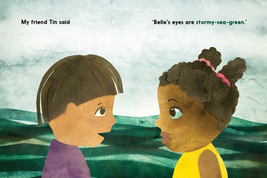 An illustration of an olive skinned boy facing a black girl, the boy says "Belle's eyes are stormy-sea-green"