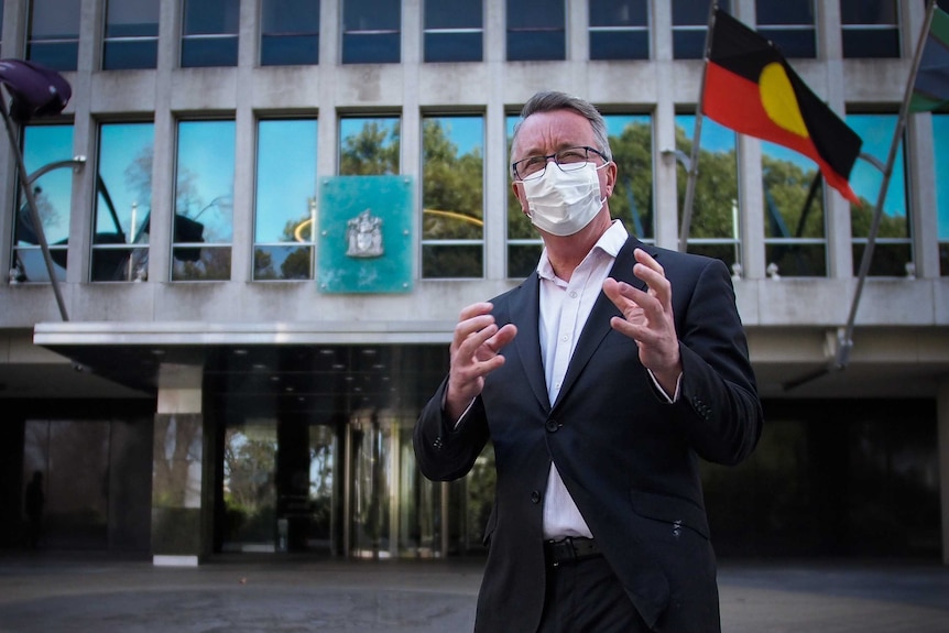 Mental Health Minister Martin Foley stands in front of a building with an Indigenous flag waving. He wears a face mask and suit.