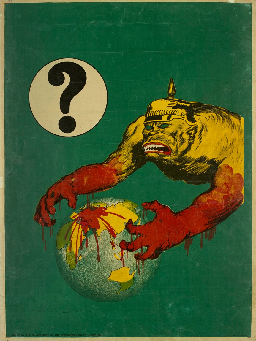 Anti-war poster by Norman Lindsay shows cartoon ape with bloodied arms grabbing at globe of Earth, question mark at top