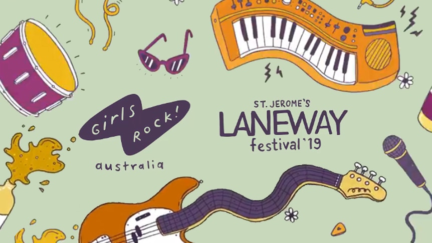 A collage of artwork showing the logos for Girls Rock! Australia and Laneway Festival 2019