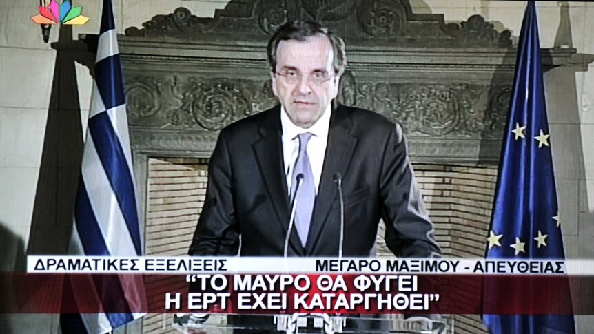 A TV grab shows a televised address by Greek prime minister Antonis Samaras.
